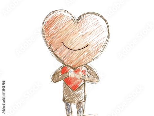 isolate white background, A person with a heart, symbolizing empathy and compassion, drawing in color pencil art and copy space, very simple and isolate in the style of animated illustrations, white b