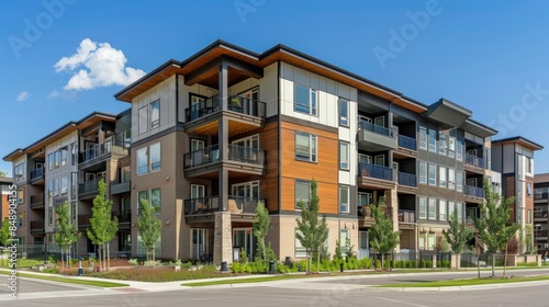 Modern brown apartment buildings in a housing development area