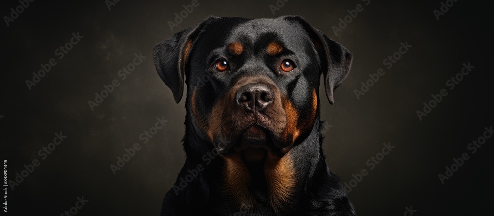 Obraz premium Portrait of a Rottweiler in a dark photography studio with copy space image