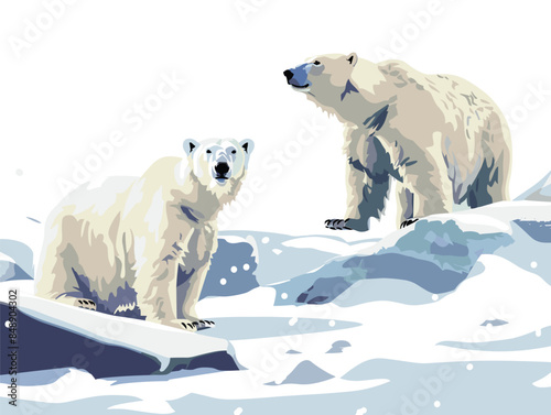 white background, Arctic tundra with icy terrain and polar bears, very simple and isolate in the style of animated illustrations, white background