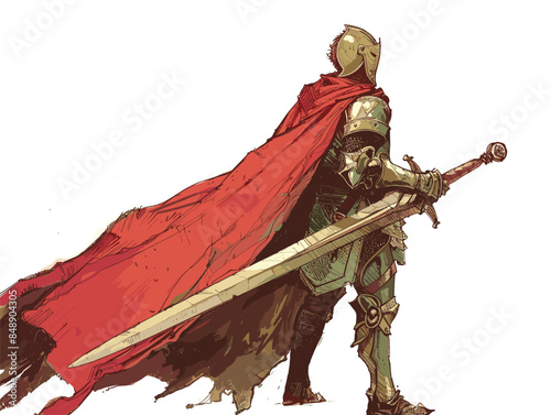 isolate white background, A person with a shield and sword, representing both defense and offense, drawing in color pencil art and copy space, very simple and isolate in the style of animated 