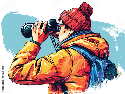 isolate white background, A person with a telescope and binoculars, suggesting both long-term vision and attention to detail, drawing in color pencil art and copy space, very simple and isolate in the