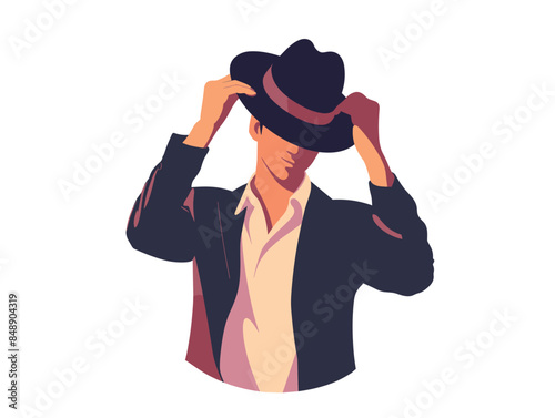 white background, Avatar portrait gentle man raises his hat vector image, very simple and isolate in the style of animated illustrations, white background