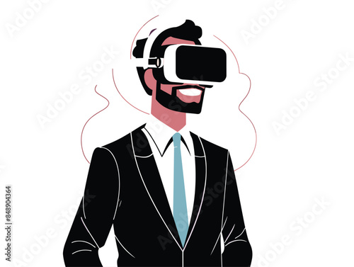 white background, business man in virtual reality glasses working . Concept of VR technology., very simple and isolate in the style of animated illustrations, white background