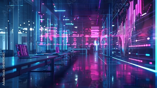 Futuristic Workspace Featuring Holographic Data Visualizations and Advanced Technology