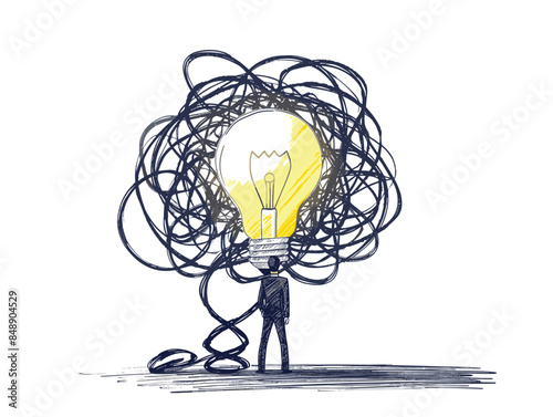 white background, Creativity to solve problem, solution from trouble or difficulty, simplify idea from messy chaos problem, business skill solve complex obstacle concept, business man draw lightbulb