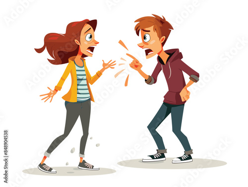white background, Conflict between guy and girl man vector image, very simple and isolate in the style of animated illustrations, white background
