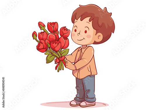 white background, Cute little boy with bouquet flowers giving red vector image, very simple and isolate in the style of animated illustrations, white background