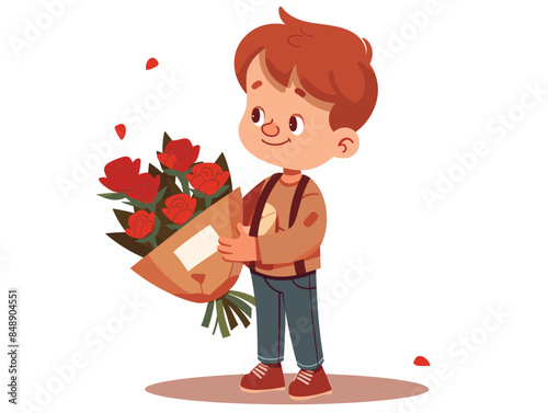 white background, Cute little boy with bouquet flowers giving red vector image, very simple and isolate in the style of animated illustrations, white background