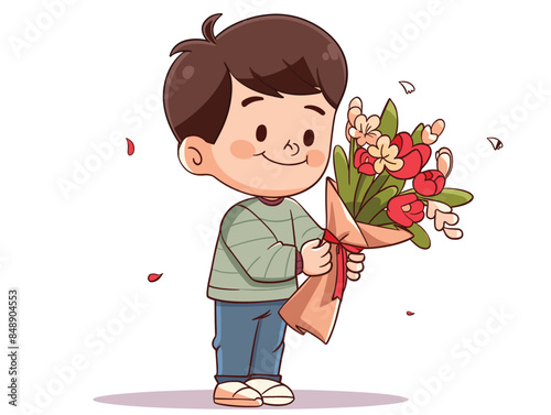 white background, Cute little boy with bouquet flowers giving red vector image, very simple and isolate in the style of animated illustrations, white background