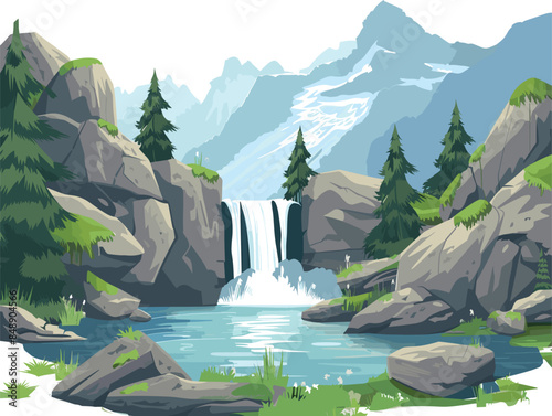 white background, Featuring crystal-clear lakes and cascading waterfalls, the vector image immerses viewers in the idyllic scenery of mountainous terrain., very simple and isolate in the style of art