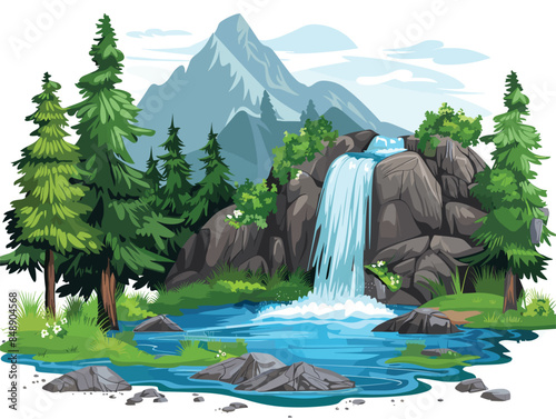 white background, Featuring crystal-clear lakes and cascading waterfalls, the vector image immerses viewers in the idyllic scenery of mountainous terrain., very simple and isolate in the style of art