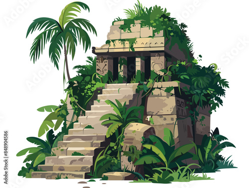 white background, Featuring hidden treasures, ancient ruins, and hidden dangers, the vector image invites players to explore and unravel the secrets of the jungle., very simple and isolate in the art