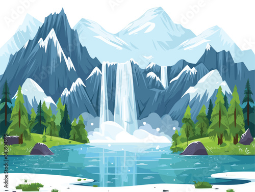 white background, Featuring crystal-clear lakes and cascading waterfalls, the vector image immerses viewers in the idyllic scenery of mountainous terrain., very simple and isolate in the style of art