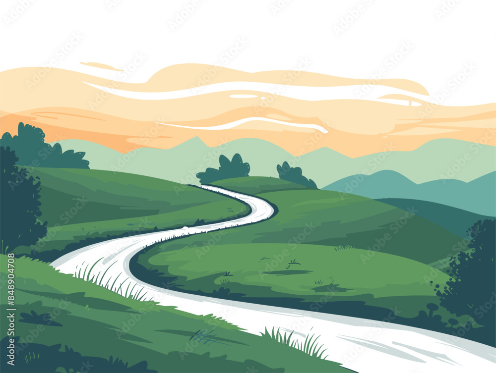 white background, The Long Winding Road on Hill Flat Vector Image showcases a scenic route snaking through rolling hills, offering a picturesque journey through the countryside., very simple Ai art white background, The Long Winding Road on Hill Flat Vector Image showcases a scenic route snaking through rolling hills, offering a picturesque journey through the countryside., very simple Ai art