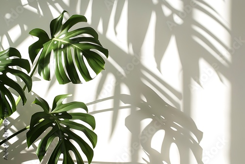 Minimalist shadow of monstera leaf on white wall.