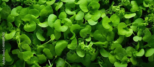 Fresh watercress and lettuce arranged attractively at a market showcasing vibrant green colors and inviting textures ideal for a healthy diet with copy space image
