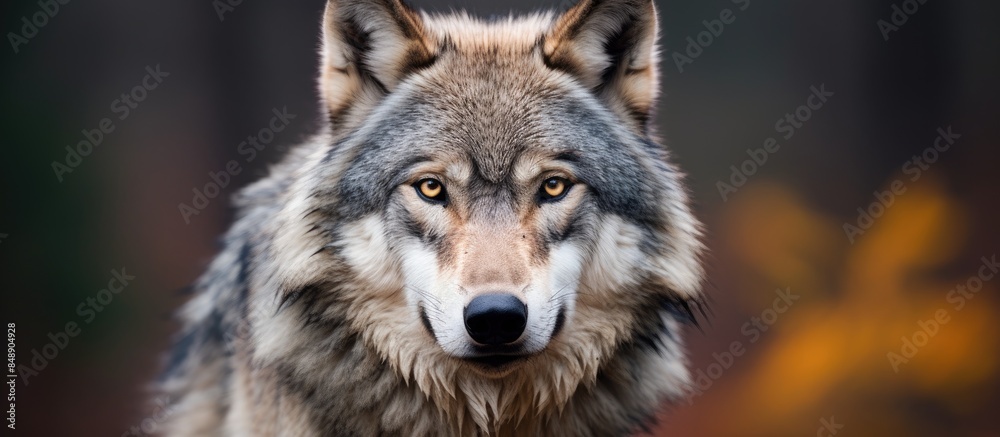 Wildlife conservation concept portrayed in a captivating image of a gray wolf with a mesmerizing gaze and copy space image included Wildlife conservation concept portrayed in a captivating image of a gray wolf with a mesmerizing gaze and copy space image included