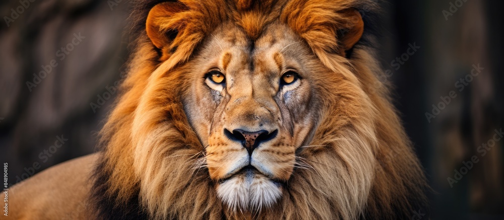 Fototapeta premium African male lion headshot with a captivating gaze set against a copy space image