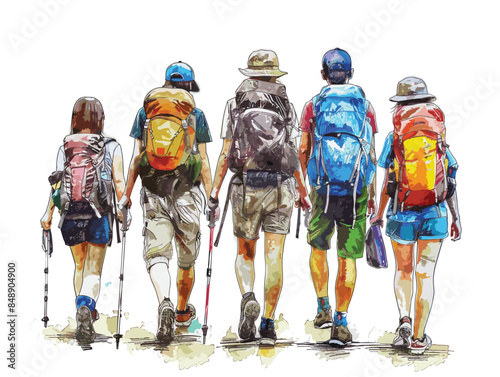 isolate white background, A group of friends hiking together., drawing in color pencil art and copy space, very simple and isolate in the style of animated illustrations, white background