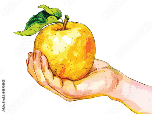 isolate white background, A golden apple held by the best candidate, representing their excellence., drawing in color pencil art and copy space, very simple and isolate in the style of animated art