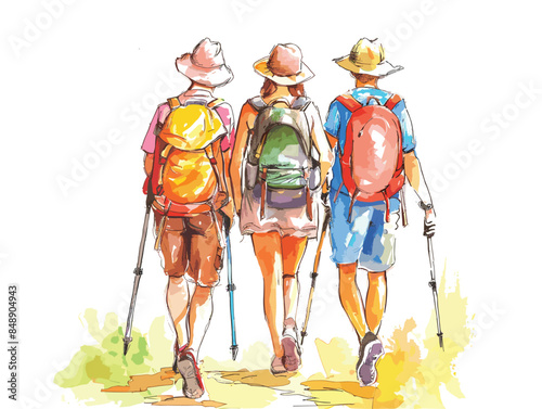 isolate white background, A group of friends hiking together., drawing in color pencil art and copy space, very simple and isolate in the style of animated illustrations, white background