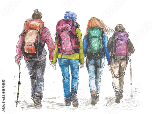 isolate white background, A group of friends hiking together., drawing in color pencil art and copy space, very simple and isolate in the style of animated illustrations, white background