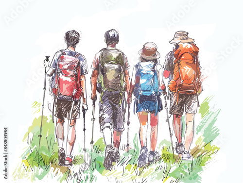 isolate white background, A group of friends hiking together., drawing in color pencil art and copy space, very simple and isolate in the style of animated illustrations, white background