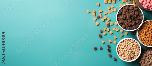 Top down view of pet accessories with dry dog and cat food alongside toys with an available copy space image photo