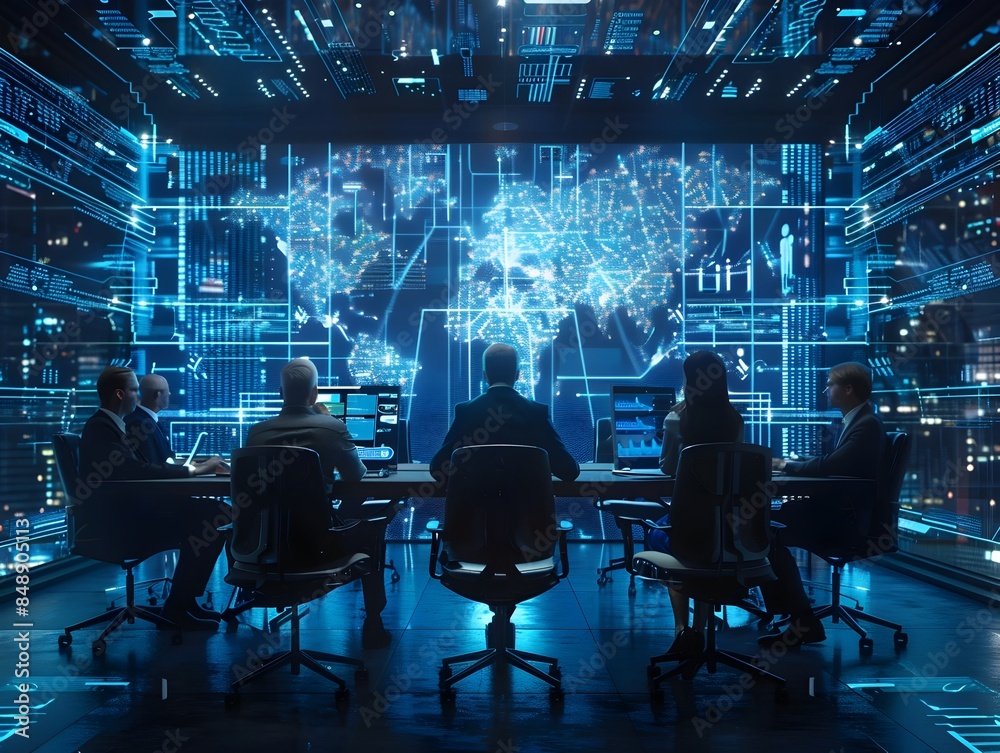 Business Team Participating in Holographic Virtual Meeting with Digital Data Streams Business Team Participating in Holographic Virtual Meeting with Digital Data Streams