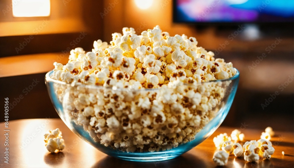 Popcorn in a glass bowl in front of the TV in a home interior. Watching TV shows and series, cable TV background, selective focus on the popcorn, high quality photo Popcorn in a glass bowl in front of the TV in a home interior. Watching TV shows and series, cable TV background, selective focus on the popcorn, high quality photo