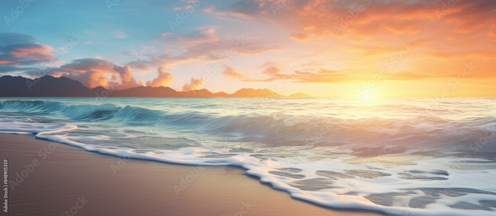 A scenic sunrise on the coast with the ocean shore bathed in the soft morning sunlight creating a beautiful landscape with a serene copy space image A scenic sunrise on the coast with the ocean shore bathed in the soft morning sunlight creating a beautiful landscape with a serene copy space image