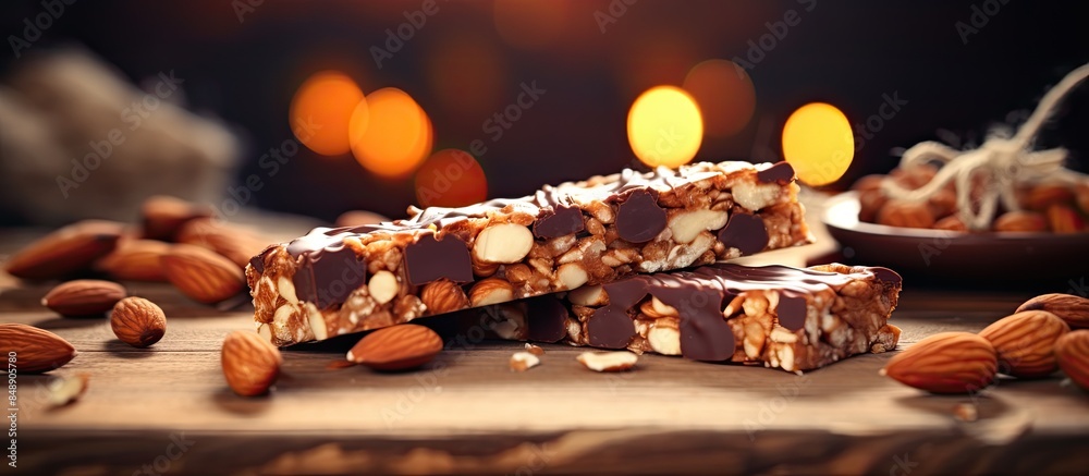 Selective focus on a cereal bar with nuts and chocolate displaying copy space image