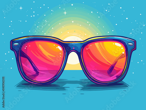 colorful sunglasses against the background of the sun and blue sky vector illustration