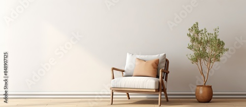 A wicker armchair is shown in a living room setting with a blank space for inserting an image. Copy space image. Place for adding text and design photo