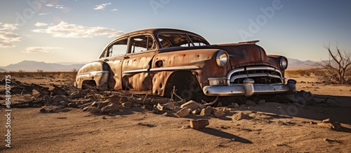 An old car in a desert junkyard with a front view perfect for copy space image