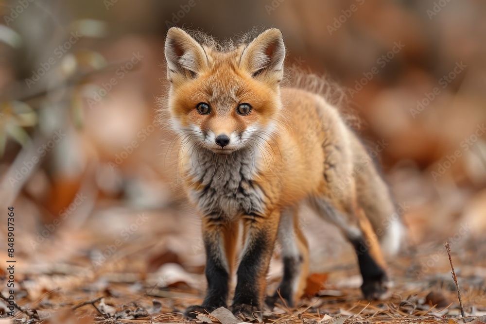 Baby Fox: An adorable baby fox kit with reddish fur and a bushy tail, exploring a forest clearing. Baby Fox: An adorable baby fox kit with reddish fur and a bushy tail, exploring a forest clearing.