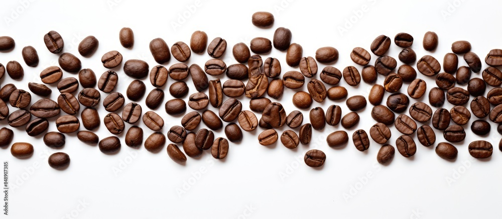Dark coffee beans float on white backdrop with copy space image Dark coffee beans float on white backdrop with copy space image