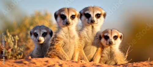 Suricate or meerkat Suricata suricatta family in the Kalahari South Africa with copy space image photo