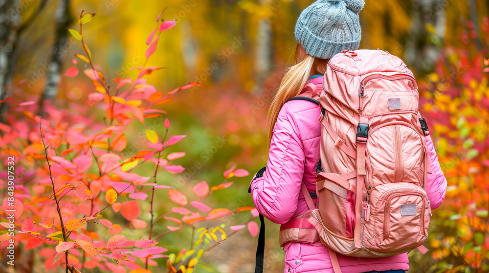Woman with backpack hiking in the forest in autumn Woman with backpack hiking in the forest in autumn