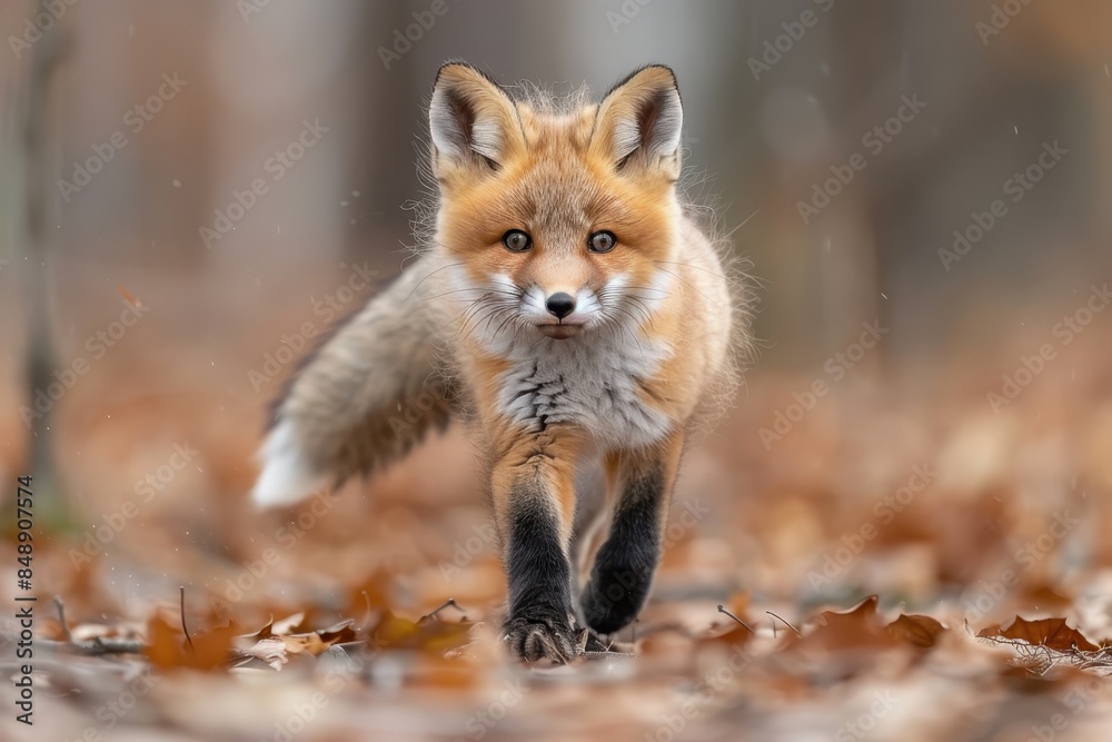 Fototapeta premium Baby Fox: An adorable baby fox kit with reddish fur and a bushy tail, exploring a forest clearing.