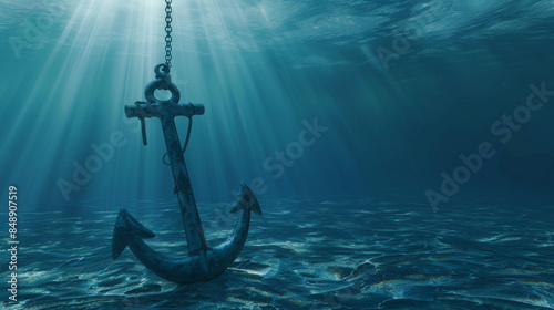 An abandoned, rusted anchor dangles just above the ocean floor, shrouded in the mystery of the deep, with soft light penetrating the water. photo