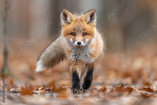 Baby Fox: An adorable baby fox kit with reddish fur and a bushy tail, exploring a forest clearing. © Nico