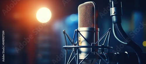 Microphone in a radio studio with copy space image available