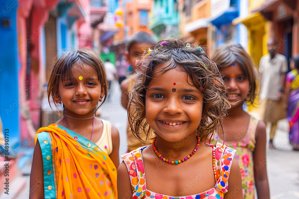 Group of happy young indian girls walking down a crowded colorful street in india Group of happy young indian girls walking down a crowded colorful street in india