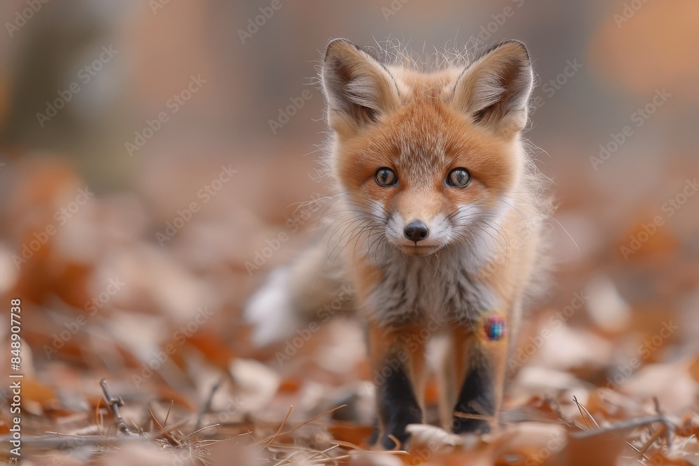 Fototapeta premium Baby Fox: An adorable baby fox kit with reddish fur and a bushy tail, exploring a forest clearing.