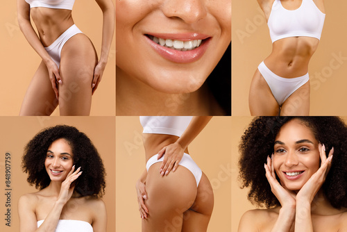 This image is a collage of close-up photos of African American woman with smooth skin and a perfect body. She is smiling and touching her face and body, showing off her healthy glow