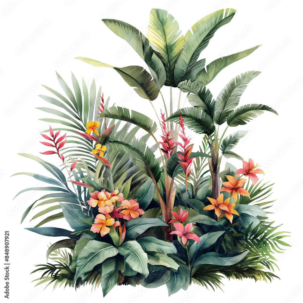 Obraz premium Flower bush shrub tree plant tropical jungle in watercolor style isolated on transparent background.