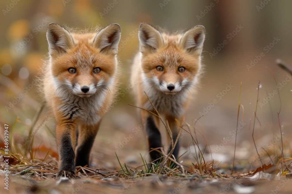 Fototapeta premium Baby Fox: An adorable baby fox kit with reddish fur and a bushy tail, exploring a forest clearing.