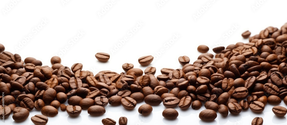 Obraz premium Ground and whole roasted coffee beans and fresh beans in a white background with space for text. Copy space image. Place for adding text and design